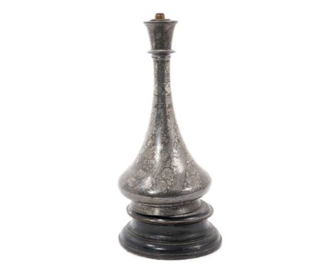 Antique silver inlaid Islamic vase or hooker base, now presented as a lamp, raised on wooden plinth, 30cm high