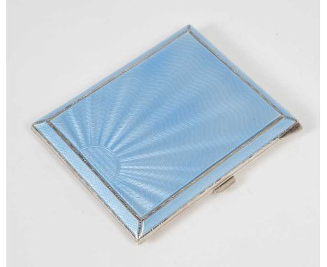 1930s Lady's silver cigarette case of rectangular form, with engine turned decoration and pale blue guilloché enamelled cover