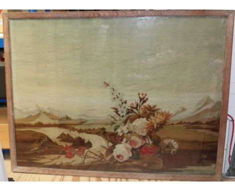 Large pair of 19th century French Aubusson tapestry panels, each depicting a floral arrangement in landscape, with Rowley Gal