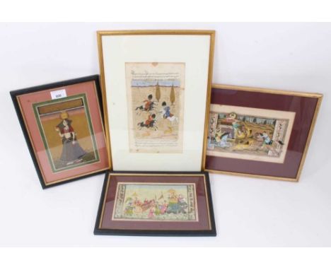 19th century Indo-Persian gouache portrait of a water carrier, 20 x 13cm together with three Indo-Persian gouache illuminated
