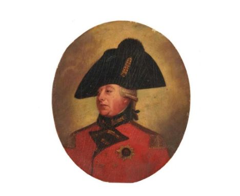 After Sir William Beechey, early 19th century, oval oil on oak panel – portrait of George III, 30cm x 25.5cm, unframedGenrall