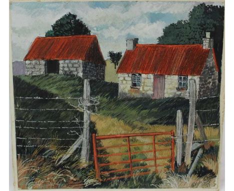 *Dione Page (1936-2021) gouache and pastel on paper - 'Red gate and roof', signed titled and dated '97, 27cm x 25cm, laid on 