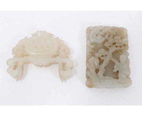 Chinese jade pendant, of rectangular relief carved and pierced form, carved with a figure and dragon and a tree, 6.5cm high, 