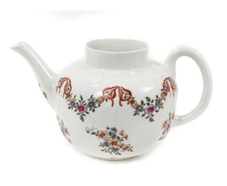 Rare Worcester ‘Scratch Cross’ melon shaped teapot, circa 1753-54 with painted floral sprays and swags - 19cm wide. See The Z