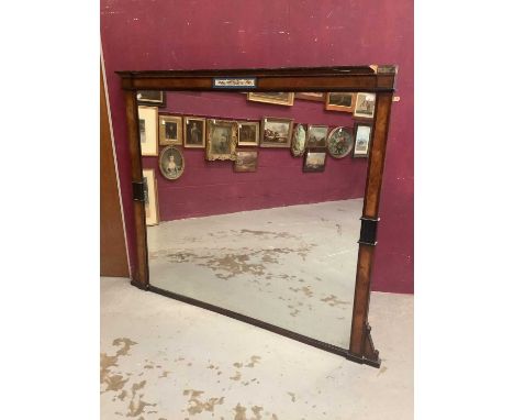 Very large Victorian overmantel, rectangular mirrored plate within burr walnut surround with Sevres style porcelain plaque to