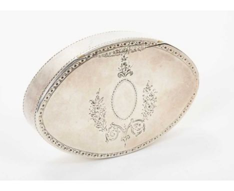 George III late 18th/early 19th century silver snuff box of oval form, with hinged cover and bright cut decoration (Marks rub