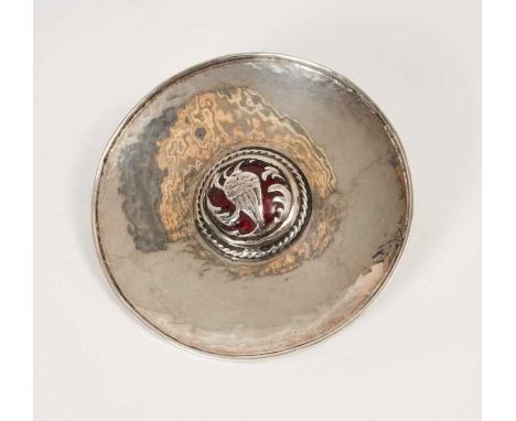 1920s silver dish with applied silver and red enamel thistle head, in a ropework border, reverse engraved Omar Ramsden Me Fec