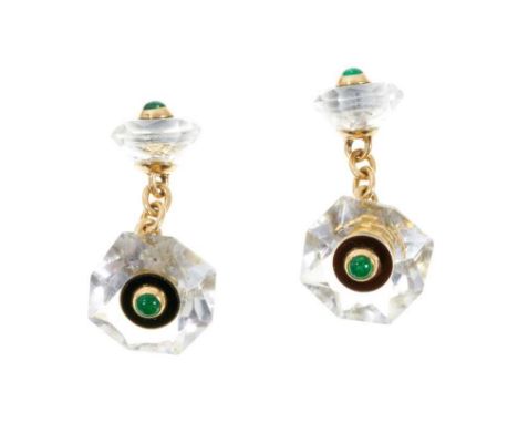 Pair of Art Deco rock crystal emerald and black enamel cufflinks with a central round cabochon emerald surrounded by a black 