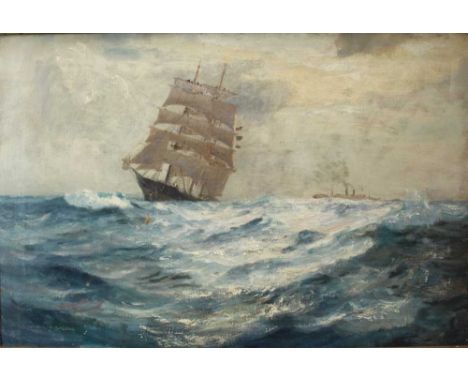 Arthur Burgess (1879 - 1957), oil on canvas, An extensive seascape with a three masted barque, signed, in gilt frame. 50 x 76