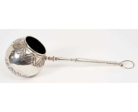 Unusual silver plated ladle of ball form, with embossed foliate decoration and silver plated handle. 35cm overall length.