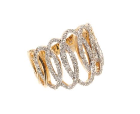 Pavé set diamond ring with interlocking loops in 14K yellow gold, ring size M.Very good condition commensurate with age. Not 