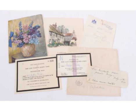 H,M.Queen Mary, two wartime signed Christmas cards dated 1940 and 1942, signed notes, Funeral ticket and lying in state ticke