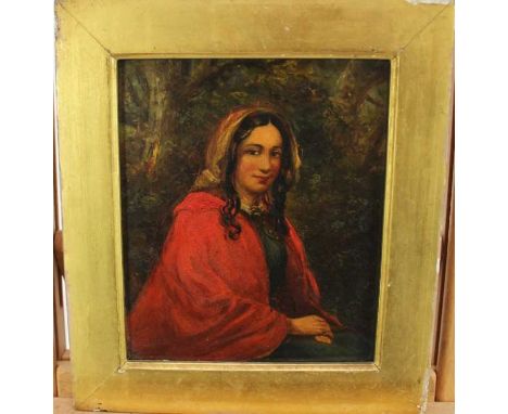 English School, 19th century, oil on panel - portrait of a gypsy girl in red cloak, 16cm x 13.5cm, in gilt frame 