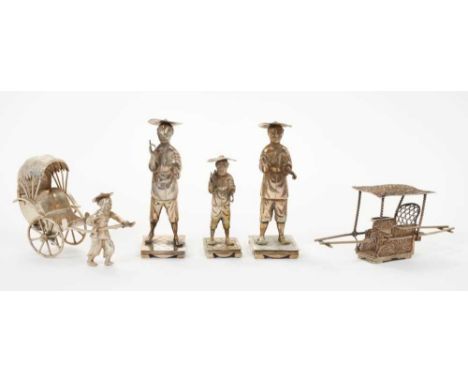 Collection of Chinese novelty silver including three standing figures, rickshaw and a carrying chair. All with Chinese charac