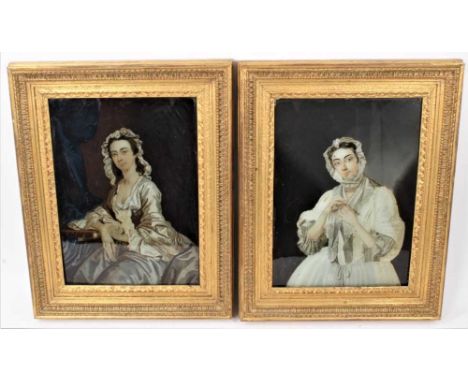 Pair of 18th century style reverse paintings on glass, each painted with half length female portrait, 35 x 25cm, in gilt fram