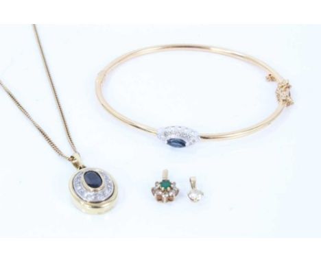 9ct gold bangle with a sapphire and diamond cluster, similar pendant, an emerald and diamond cluster pendant and a diamond si