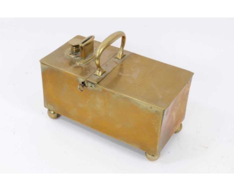 19th brass tobacco honesty box, with penny operated mechanism, engraved 'Birdseye', on ball feet, 25cm longGeneral wear comme