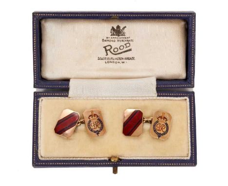 Pair King George VI Royal Engineer Officers 9ct gold and enamel cufflinks with crowned GR VI ciphers and regimental red and b