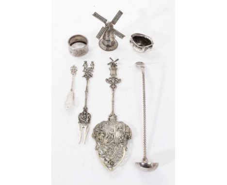 Selection of Continental and other silver, including Dutch silver windmill pepperette, windmill spoon, ladle and fork, and su