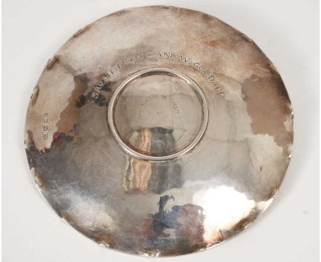 1930s silver dish with crimped border and applied silver and red enamel rose, with ropework surround, reverse engraved with p