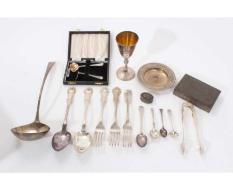 Selection of miscellaneous silver, including silver goblet, Armada dish, Georgian silver soup ladle, various silver flatware,