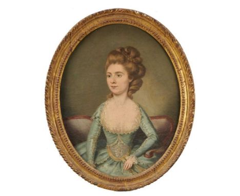 Continental School, 18th century, oval oil on canvas - portrait of a lady in blue dress, 36cm x 28cm, in carved giltwood fram