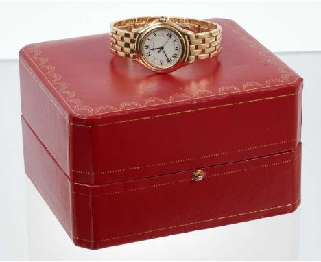 Gentleman's Cartier 'Panthere' 18ct gold wristwatch with quartz movement, the circular dial with black enamel Roman numerals,