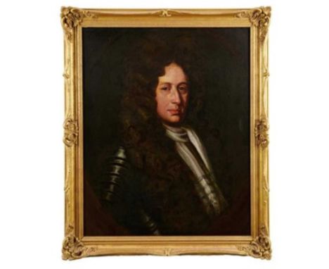 Manner of Peter Lely (1618-1680), oil on canvas - half length portrait of a Gentleman wearing armour, 74cm x 60cm, in gilt fr