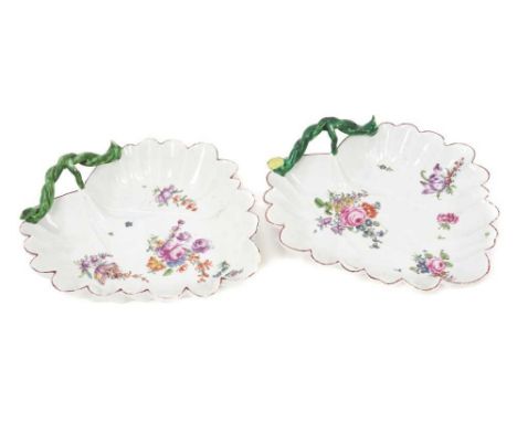 Pair 18th century Longton Hall leaf shaped dishes, painted in ‘Trembly Rose Painter’ style, circa 1755Good overall antique co