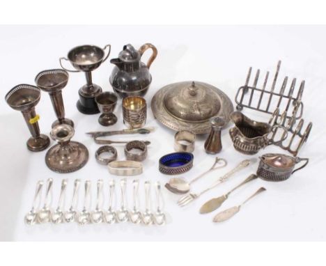 Selection of miscellaneous silver and silver plate including a pair of pierced spill vases, pierced mustard and ensuite salt,