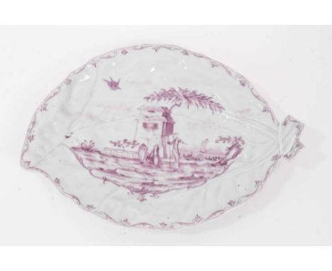 Worcester cabbage leaf shaped dish, painted in puce with chinoiserie figures in landscape, circa 1758, 26cmIn good condition 
