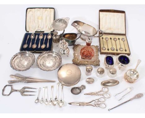 Large selection of miscellaneous silver and silver plate, including condiments, sauce boat, pair dishes, tea strainer, cream 