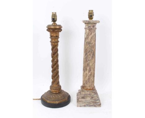 Marble grained wooden corinthian column table lamp, 48cm high, together with a carved gilt wood table lamp, with spiral colum