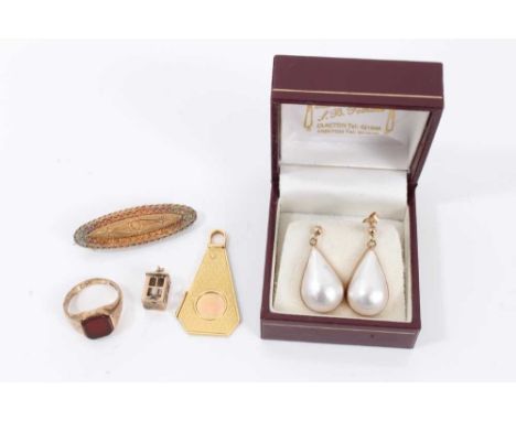 Pair of 9ct gold mother of pearl drop earrings, Victorian 15ct gold brooch, gold cigar cutter, 9ct gold signet ring and a 9ct