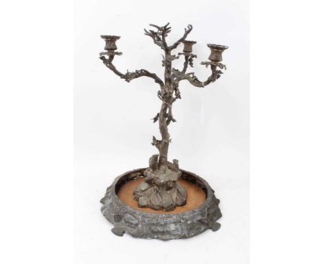 Large silver plated 19th century table centrepiece, naturalistically modelled as a tree, issuing three candle arms, with shee