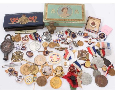 Collection of Royal Commemorative enamel brooch pins and souvenir school medals and coins circa 1900-1977 (approx 100 plus)