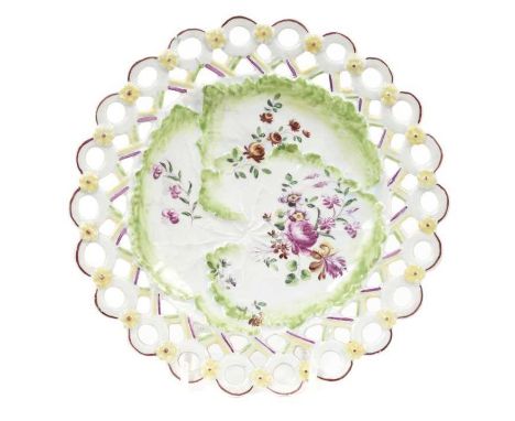 18th century Derby plate painted with flowers on moulded leaves with pierced border, circa 1758, 18.5cm diameterGood conditio