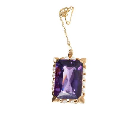 Large amethyst and cultured pearl pendant/brooch, the rectangular step cut amethyst measuring approximately 28mm x 20mm with 