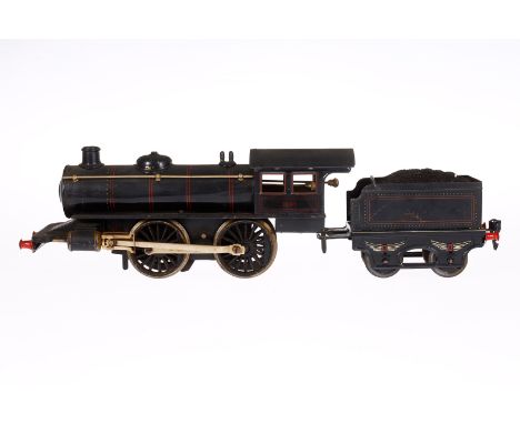 Märklin B-Dampflok R 1041, Spur 1, Uhrwerk intakt, schwarz, mit Tender (tw rest.), ohne Stirnlampen, LS tw ausgeb., gealterte