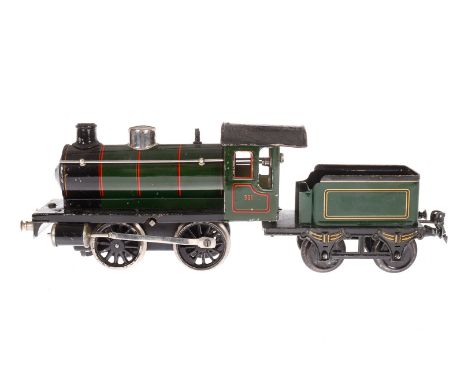 Märklin B-Dampflok R 981, Spur 1, Uhrwerk intakt, grün/schwarz, mit Tender und Schlüssel, LS und gealterter Lack, sonst noch 