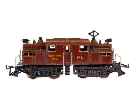 Bing amerikanische Guss-Lok, Spur 1, elektr., braun HL, ”Pennsylvania Lines”, mit Galeriestangen, Kuhfänger, 2 el. bel. Stirn