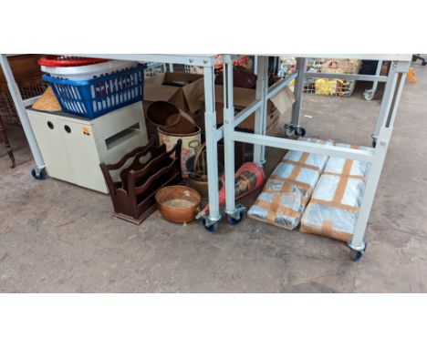 Mixed decorative &amp; household item lot comprising magazine racks, decorative fireplace related items, metal pedestal, plas