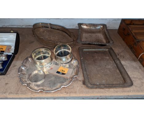 Mixed lot of silver plate items comprising 4 trays/platters, 2 bottle coasters &amp; an engraved banglePlease note this lot i