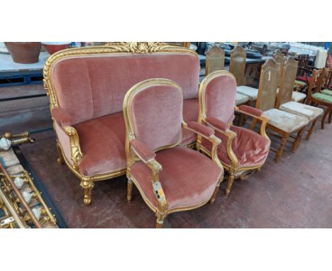 Late 19th/early 20th century Louis XV style gilt frame Acanthus carved crested settee plus 2 armchairs, upholstered in pink d