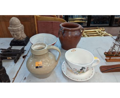 4 large decorative objects comprising bowls, urns &amp; giant Alice In Wonderland teacup (which we assume is meant to be used