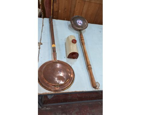 3 off bed pans/warmers.  This lot comprises 2 long handled bed warmers &amp; 1 pottery item assumed to also be a warmerPlease