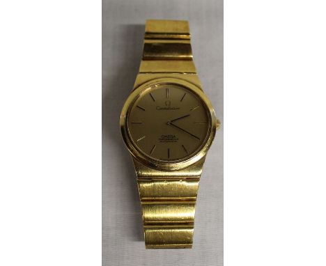 Gents 18ct gold Omega Constellation chronometer automatic wristwatch, gold dial with black baton markers, gross weight 123.7g
