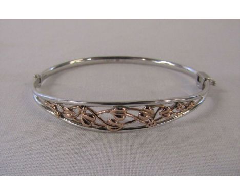 Clogau silver tree of life hinged bangle with 9ct rose gold detailing 6.5 cm x 5.5 cm weight 11.8 g (boxed)