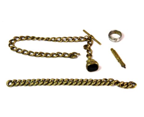 A heavy gold plated albert chain and fob, with a gilt pencil and a ring.