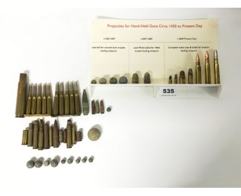 An interesting display of ammunition for hand-held guns from c. 1450 to present day together with further cartridges and ammu